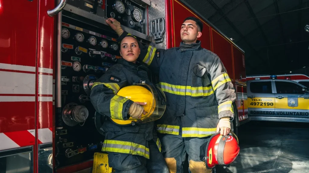 Bomberos voluntarios junto a una autobomba (imagen ilustrativa genérica, no del operativo puntual en Ezpeleta - banco de imágenes Pexels)