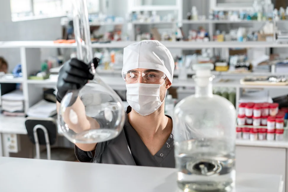 Investigador con guantes y anteojos de protección sostiene un matraz de vidrio en un laboratorio (imagen ilustrativa genérica, banco de imágenes Pexels)