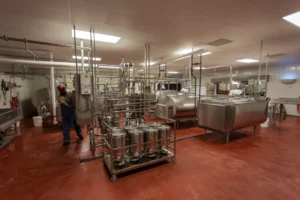 Interior de una planta de procesamiento lácteo con tanques de acero inoxidable (imagen ilustrativa genérica, banco de imágenes Pexels)