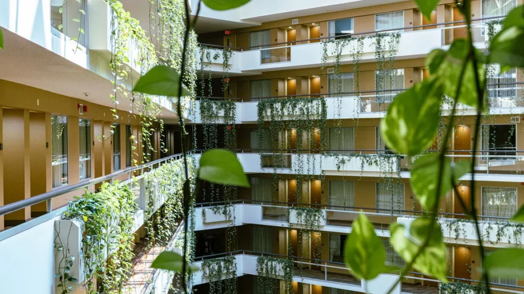 Interior de un hotel con vegetación, ejemplo de arquitectura sustentable (imagen ilustrativa genérica, banco de imágenes Pexels)