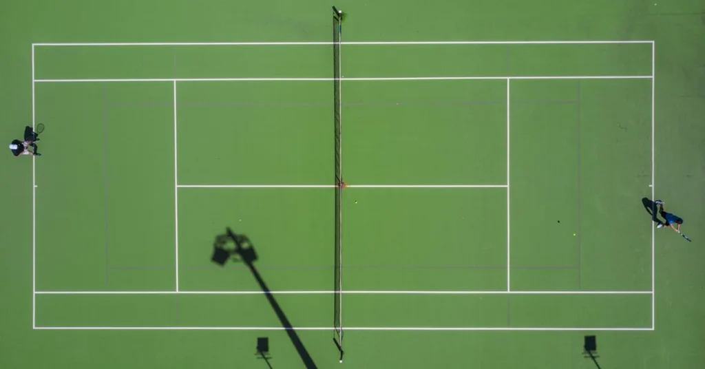 Dos jugadores disputan un partido de tenis en una cancha rápida vista desde arriba (imagen ilustrativa genérica de tenis, banco de imágenes Pexels; no corresponde al partido real de Cerúndolo ante Fritz en el US Open)